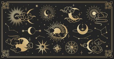 Tableau  Asian set with clouds, moon, sun and  stars . Vector collection in oriental chinese, japanese, korean style. Line hand drawn illustration isolated on black background. Retro elements set.