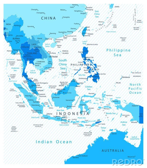 Tableau  Asie du Sud-Est Carte détaillée Blue Colors