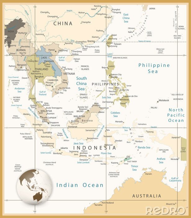 Tableau  Asie du Sud-Est Carte détaillée Rétro couleurs