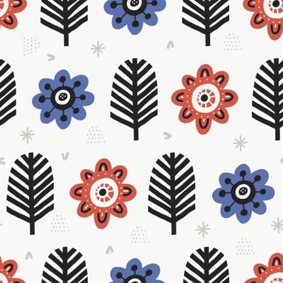Tableau  Aster blossoms flat color vector seamless pattern. Cartoon plants on white background. Hand drawn red and blue vintage flowers illustration. Textile, wallpaper, wrapping paper design idea
