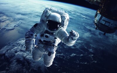 Astronaute 3d de l'espace extra-atmosphérique sur le fond de la planète