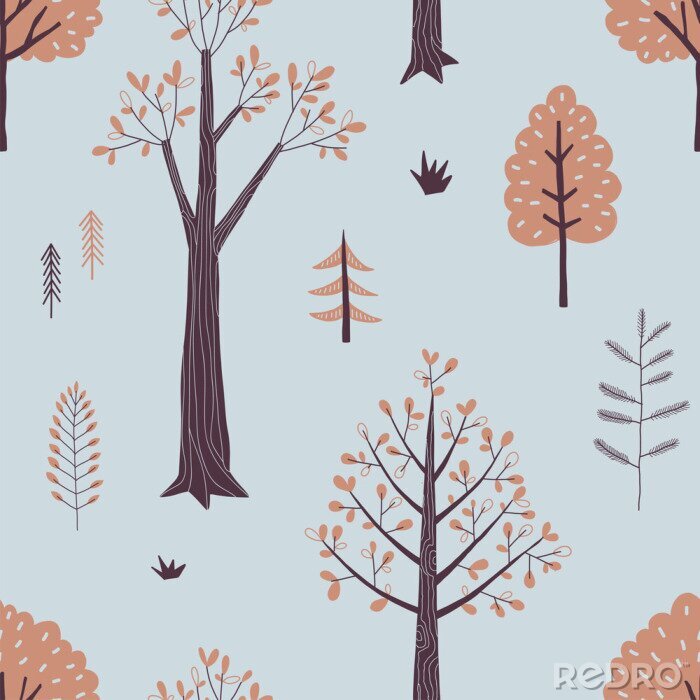 Tableau  Autumn Forest seamless vector pattern. Woody landscape with plant and trees repeatable background. Woodland childish print in Scandinavian decorative style. Cute forest print for children fashion