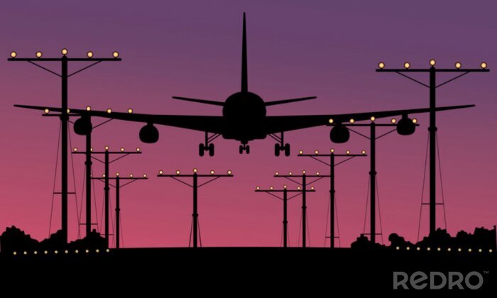 Tableau  Avion atterrissage au coucher du soleil