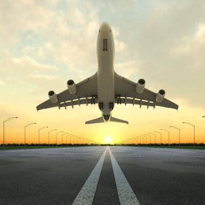 Tableau  avion au décollage à l'aéroport au coucher du soleil