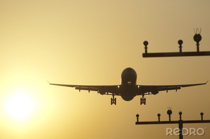 Tableau  avion d'atterrir à l'aéroport de Francfort au lever du soleil