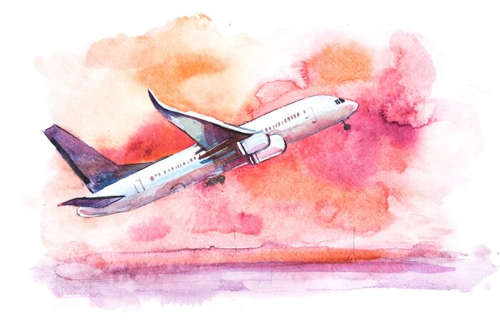 Tableau  Avion décollant avec un fond rose en arrière-plan