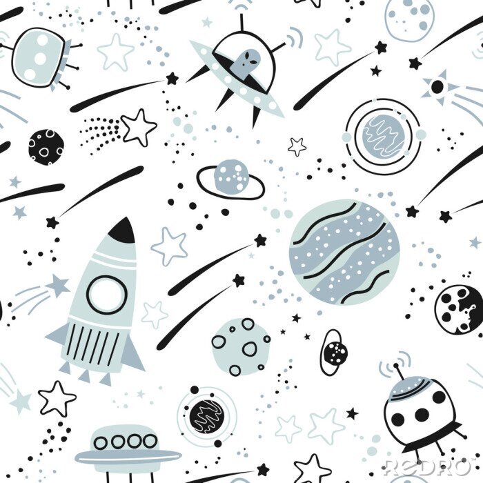 Tableau  Baby seamless pattern - space, spaceships and planets with stars. Trendy kids vector background.