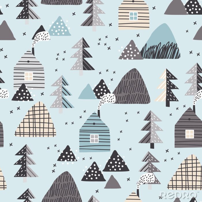 Tableau  Baby seamless pattern with a mountain landscape, houses and forest. Perfect for cards, invitations, wallpaper, banners, kindergarten, baby shower, children room decoration. Scandinavian landscape.