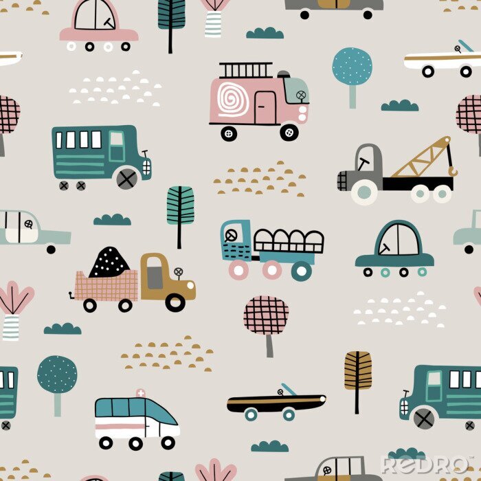 Tableau  Baby seamless pattern with cute cars. Perfect for kids fabric, textile, nursery wallpaper. Cute vector illustration in scandinavian style.