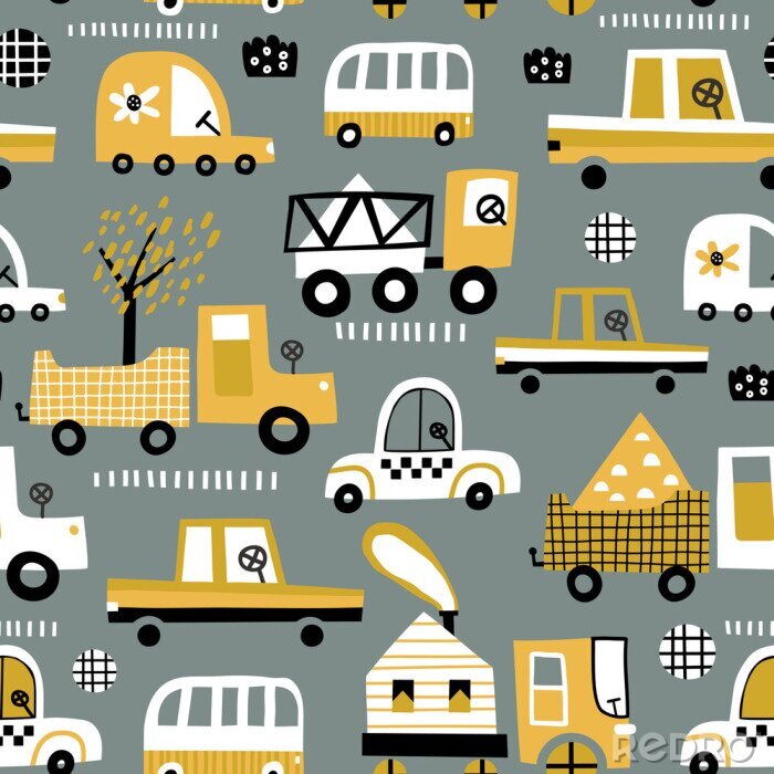 Tableau  Baby seamless pattern with hand drawn cute car. Perfect for kids fabric, textile, nursery wallpaper. Vector seamless pattern with doodle toy cars.