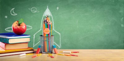 Tableau  Back To School - Books And Pencils With Rocket Sketch