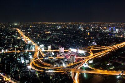 Tableau  Bangkok, autoroute, route, haut, vue, nuit, Thaïlande