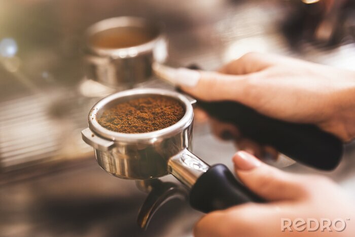 Tableau  Barista woman holding coffee holder with ground coffee near professional coffee machine close up