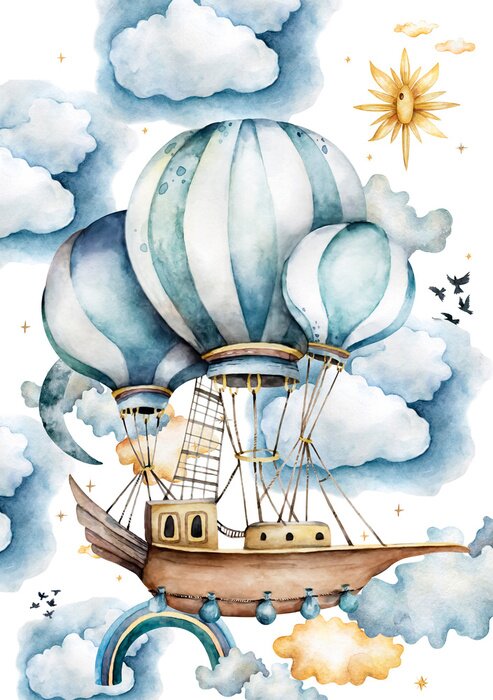 Tableau  Bateau avec des ballons volant au milieu de nuages cotonneux.