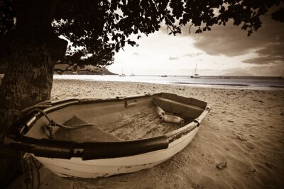 Tableau  bateau sur une plage avec l'océan en arrière-plan