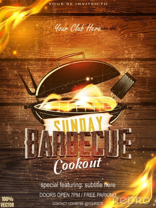 Tableau  BBQ party invitation template on wooden. Summer Barbecue weekend flyer. Grill vector design with grill elements. Vector design for celebration, invitation, greeting card.