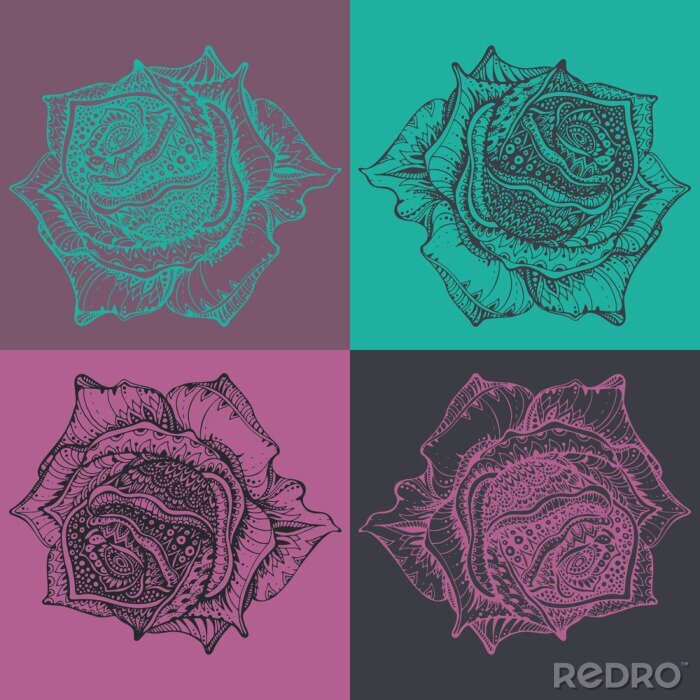 Tableau  Beau, main, dessiné, orné, rose, fleur, dessiner, style ...