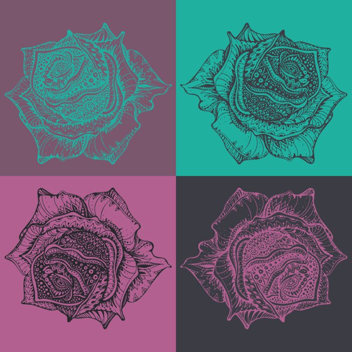 Tableau  Beau, main, dessiné, orné, rose, fleur, dessiner, style ...