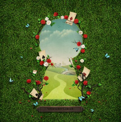 Tableau  Beau, vert, fond, roses, cartes, trou de serrure