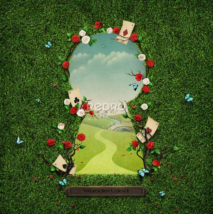 Tableau  Beau, vert, fond, roses, cartes, trou de serrure