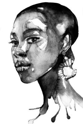 Tableau  Beautiful African american black woman portrait in watercolor with splatter black and white