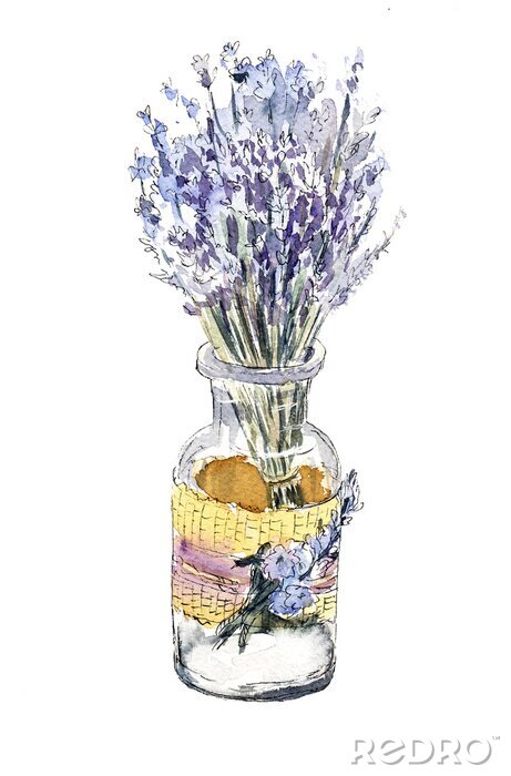 Tableau  Beautiful bouquet of lavender in a glass bottle. Watercolor illustration on white background