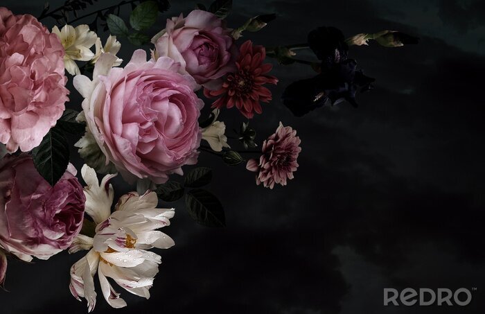 Tableau  Beautiful garden flowers. Vintage floral card.