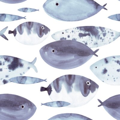 Tableau  Beautiful hand drawn watercolor seamless pattern with blue sea fish on the white background. Marine life texture.
