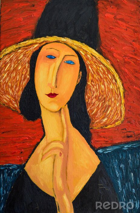 Tableau  Beautiful Image Oil portrait On Canvas. Portrait of a woman in a hat. On the motives of painting by Amedeo Modigliani