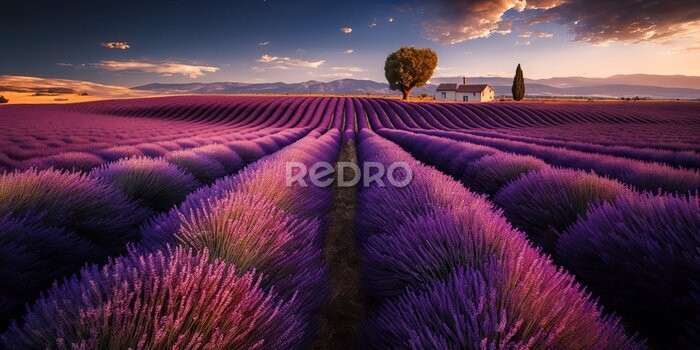 Tableau  Beautiful lavender field, purple, blue sky, farm, generative ai