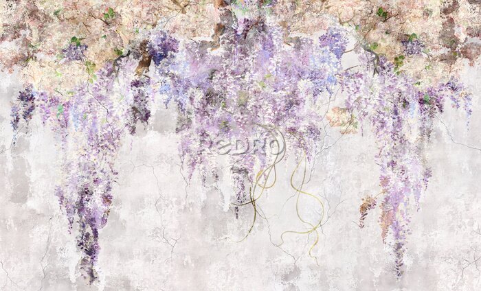 Tableau  Beautiful lilac branches on the concrete grunge wall. Lilac flowers. Blooming lilac. Floral background in loft, modern style. Design for wall mural, card, postcard, wallpaper, photo wallpaper.