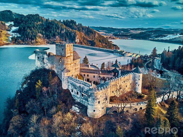 Tableau  Beautiful panoramic aerial drone view to the Niedzica Castle also known as Dunajec Castle, located in the southernmost part of Poland in Niedzica, Nowy Targ County, Dunajec River, Lake Czorsztyn