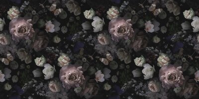 Tableau  Beautiful pink roses and garden flowers. Floral vintage seamless pattern.