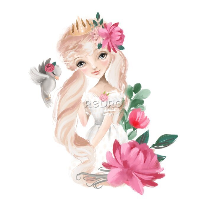 Tableau  Beautiful princess girl in crown with long hair, bird and flowers, floral bouquet