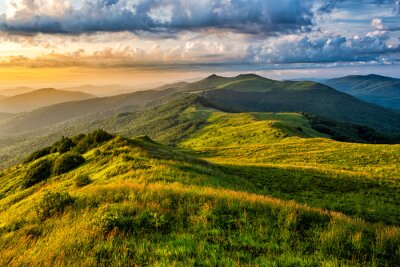 Tableau  Beautiful summer mountain landscape. Green meadow and the blue sky. Polonina Wetlinska, Bieszczady, Carpathians, Poland.