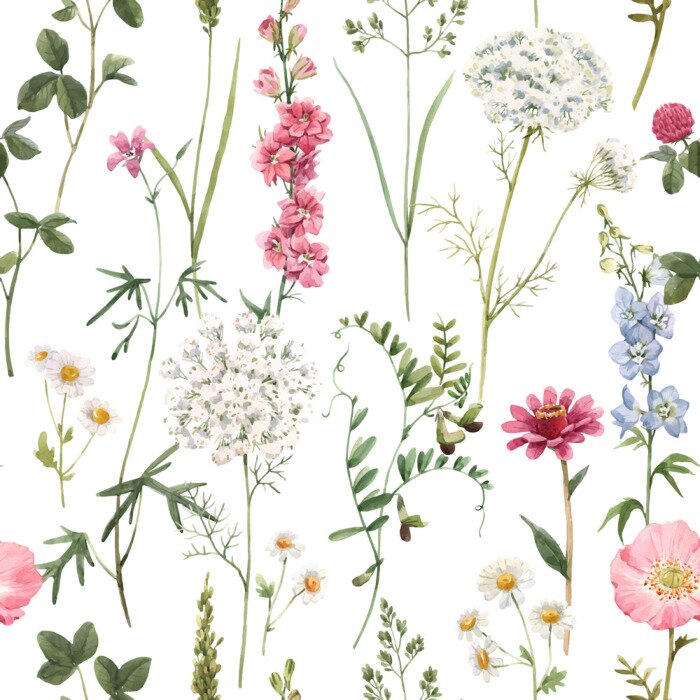 Tableau  Beautiful vector floral summer seamless pattern with watercolor hand drawn field wild flowers. Stock illustration.