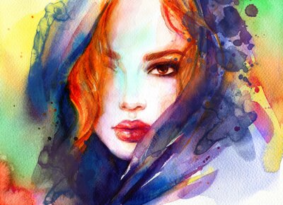 Sticker  beautiful woman. fashion illustration. contemporary watercolor painting