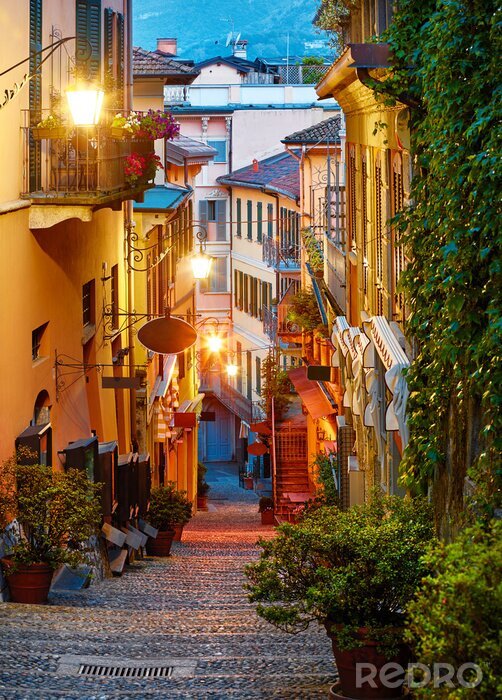 Tableau  Bellagio village at lake Como near Milan Italy, region Lombardy. Famous street with paving stones stairs and cosy restaurants during sunrise with glowing lanterns and green plants on old houses walls.