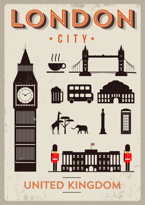 Tableau  Big Ben et autres attractions londoniennes dans un style cartoon