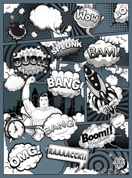 Tableau  Black and white comic book page divided by lines with speech bubbles, rocket, superhero and sounds effect. Retro background mock-up. Comics template on dark background. Vector illustration