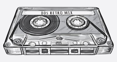 Black and white drawn retro audio cassette