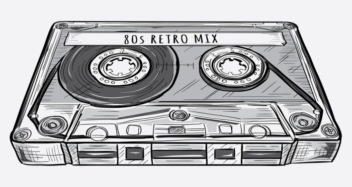 Tableau  Black and white drawn retro audio cassette