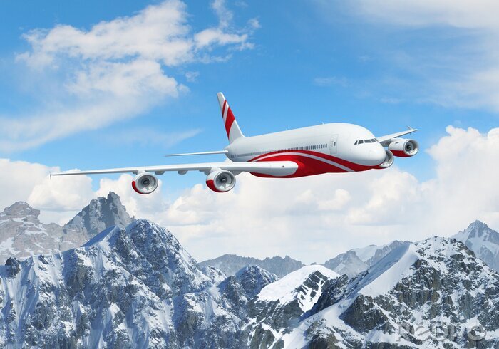 Tableau  Blanc avion de passagers au-dessus des montagnes