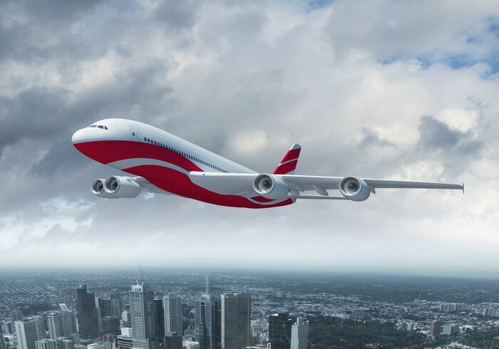 Tableau  Blanc avion de passagers volant au-dessus d'une ville