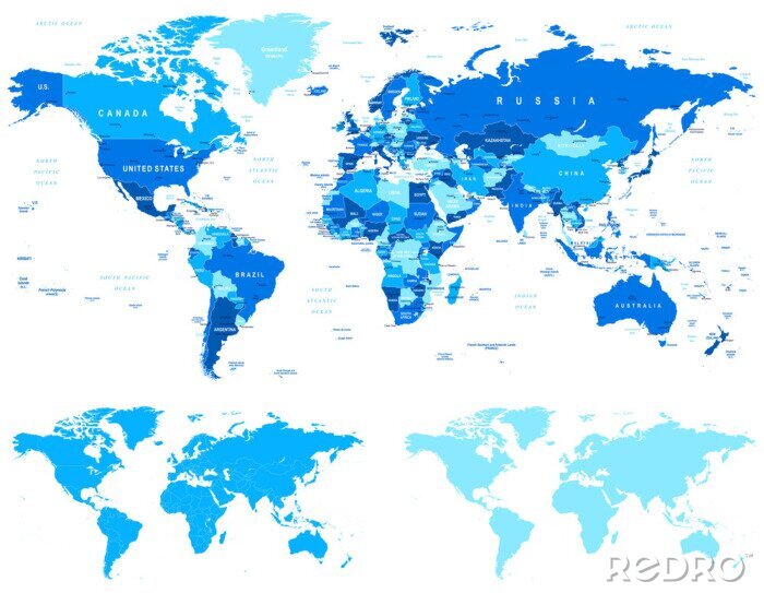 Tableau  Bleu Carte du monde - les frontières, les pays et les villes - illustration avec des spécifications différentes. 1 - très détaillées: les pays, les villes, les objets de l'eau 2 - contours des pays 3 