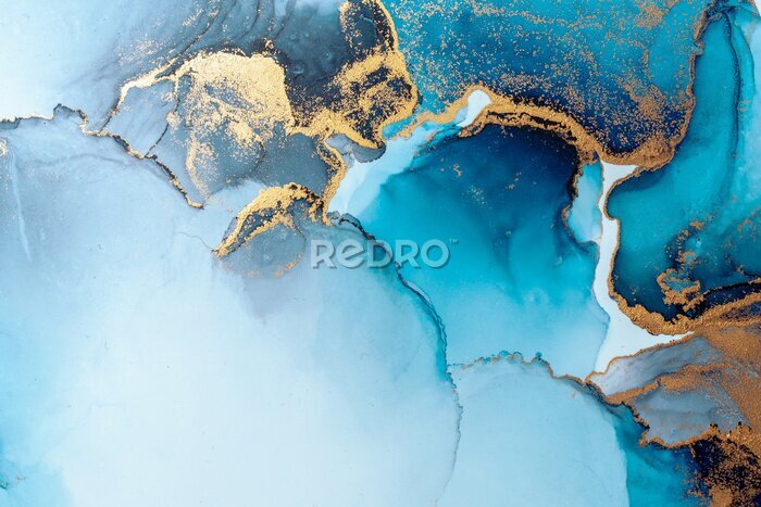 Tableau  Bleu en composition avec des peintures marbrées