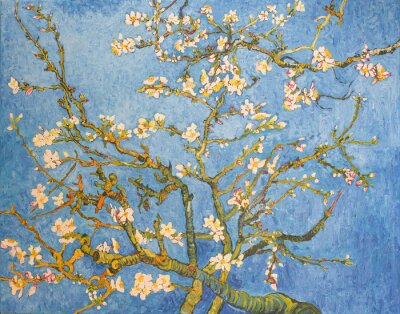 Tableau  Blossoming Almond Tree. Beautiful oil painting on canvas. Based on the great painting by Van Gogh, 1890. Brush strokes and canvas textures