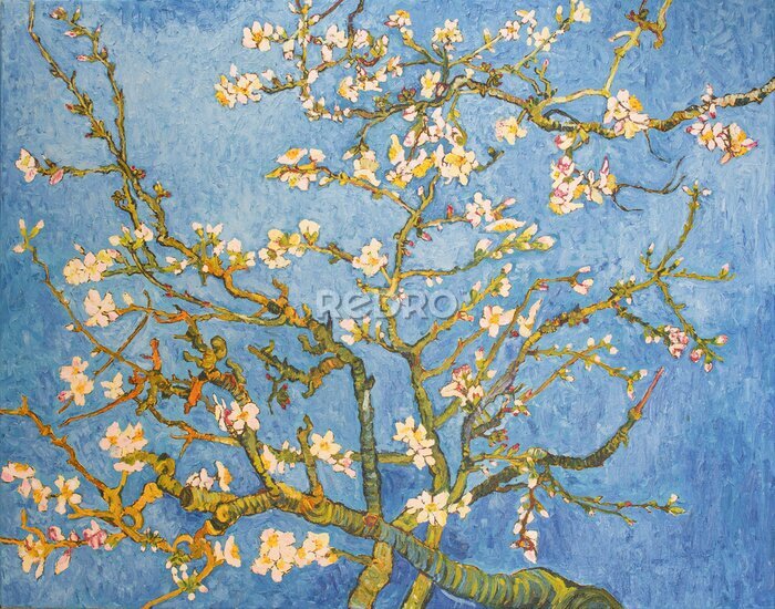 Tableau  Blossoming Almond Tree. Beautiful oil painting on canvas. Based on the great painting by Van Gogh, 1890. Brush strokes and canvas textures