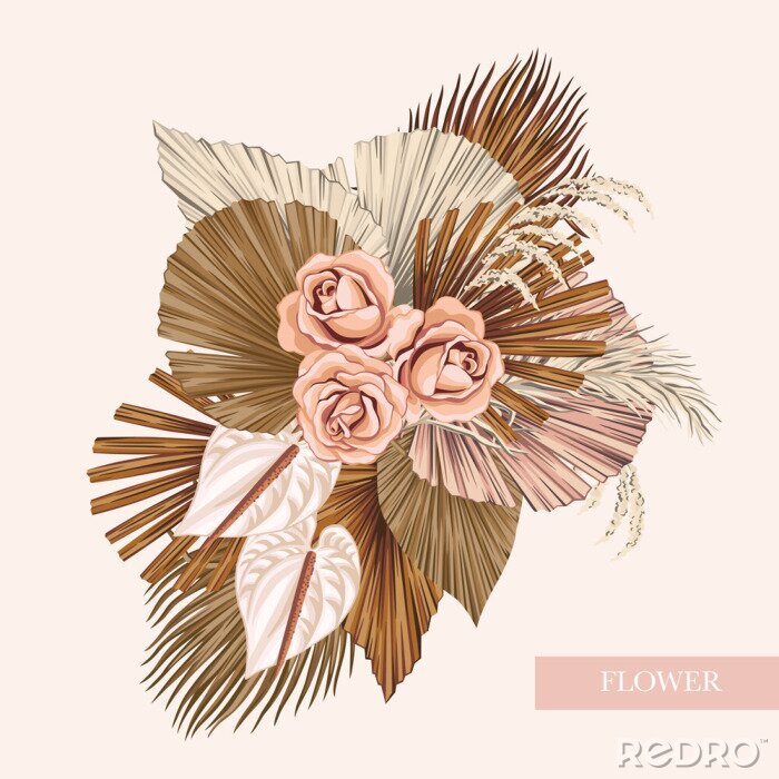 Tableau  Boho bouquet dried palm leaves rose anthurium flower illustration. Tropical jungle floral vector composition.
