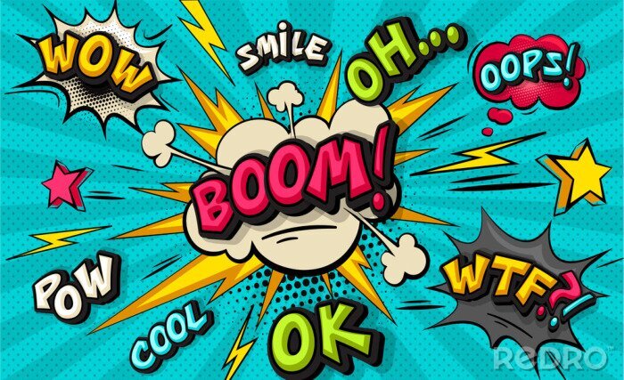 Tableau  Boom pop art cloud bubble. Smile, wow, pow, cool, ok, oops, wtf funny speech bubble. Trendy Colorful retro vintage background in pop art retro comic style. Illustration easy editable for Your design.